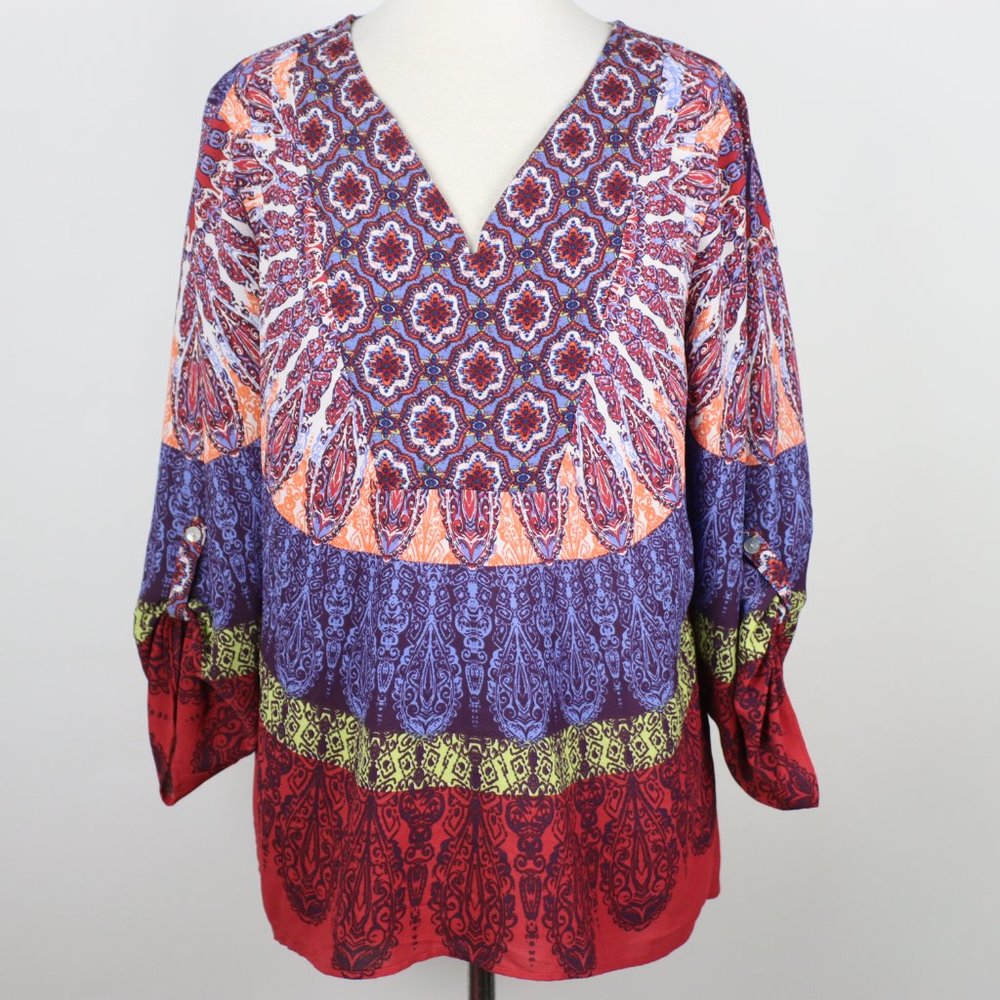 Anthropologie Fig & Flower Womens Large Colorful Roll Tab Blouse Top